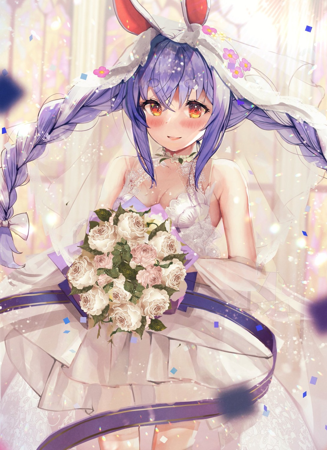 animal_ears bunny_ears dress haruhina_purple hololive no_bra see_through usada_pekora wedding_dress