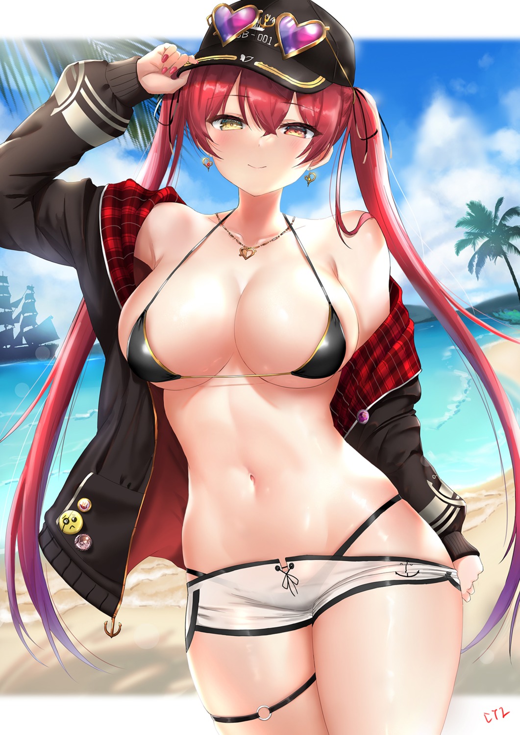 bikini cyicheng garter heterochromia hololive houshou_marine megane open_shirt see_through swimsuits