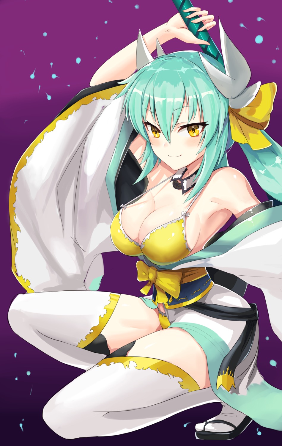 bikini c3yooooo cleavage fate/grand_order kimono kiyohime_(fate/grand_order) open_shirt swimsuits thighhighs weapon