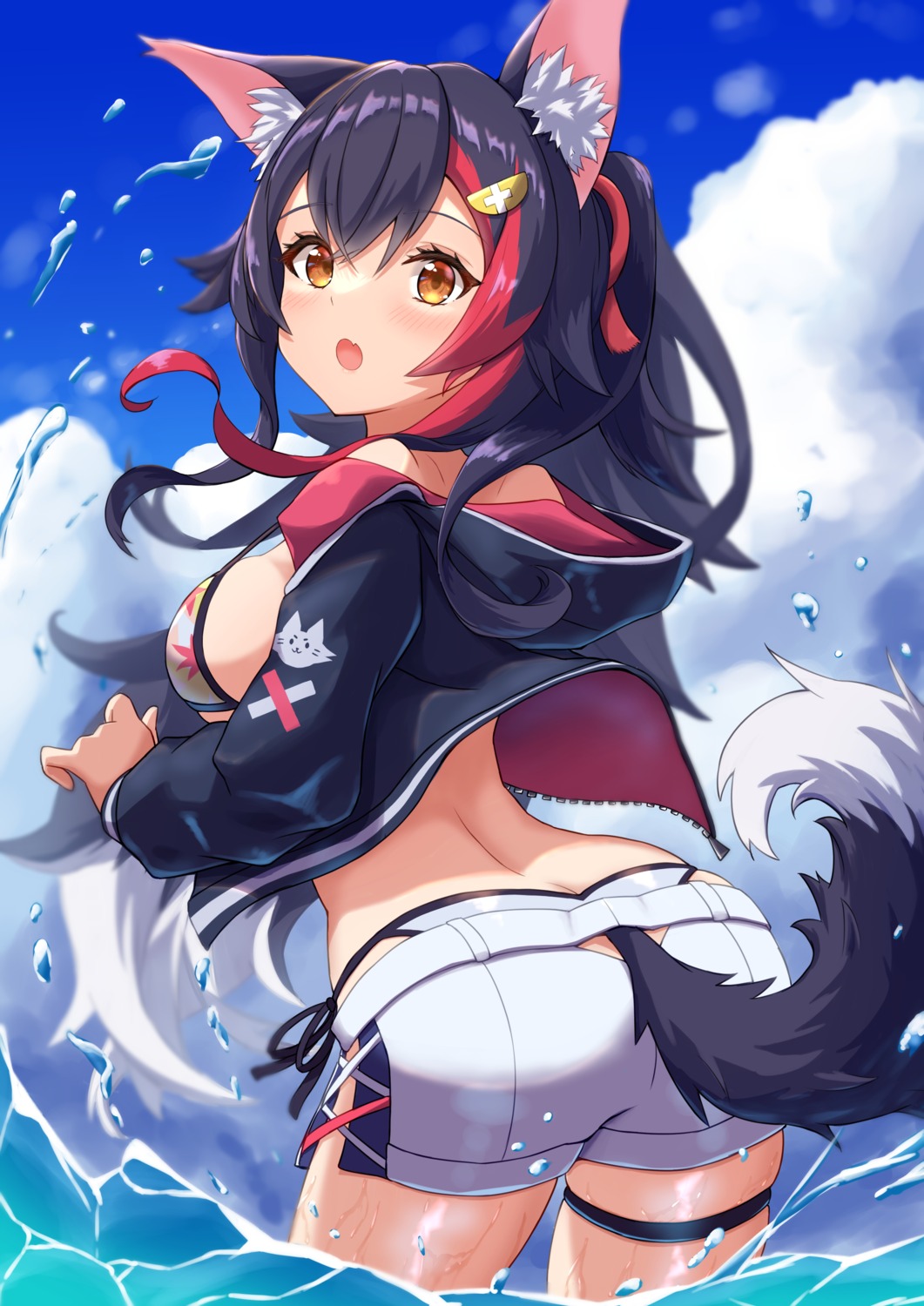 animal_ears ass bikini garter hololive hololive_gamers nusya ookami_mio open_shirt swimsuits tail wet