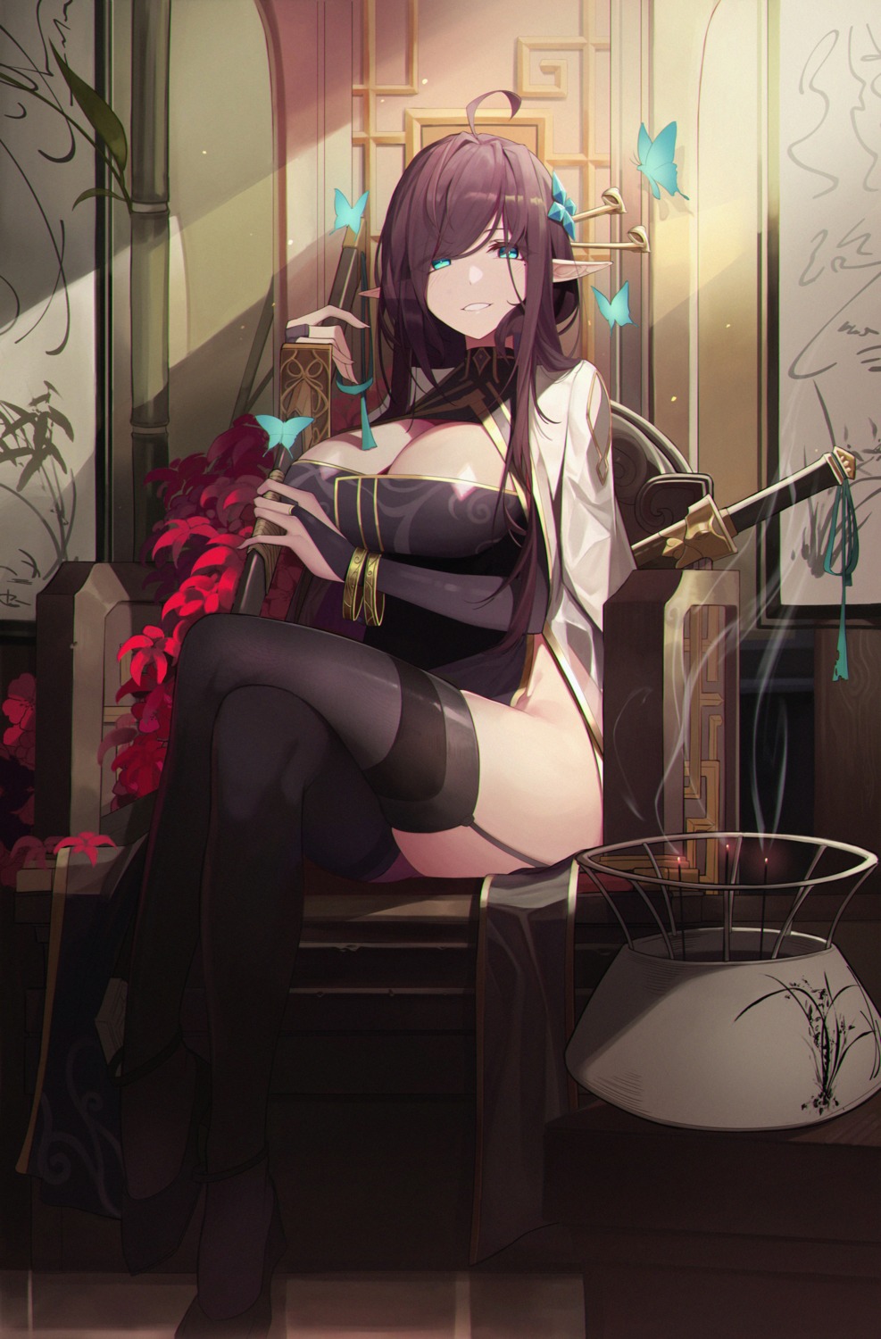 chinadress no_bra nopan orn pointy_ears stockings sword thighhighs