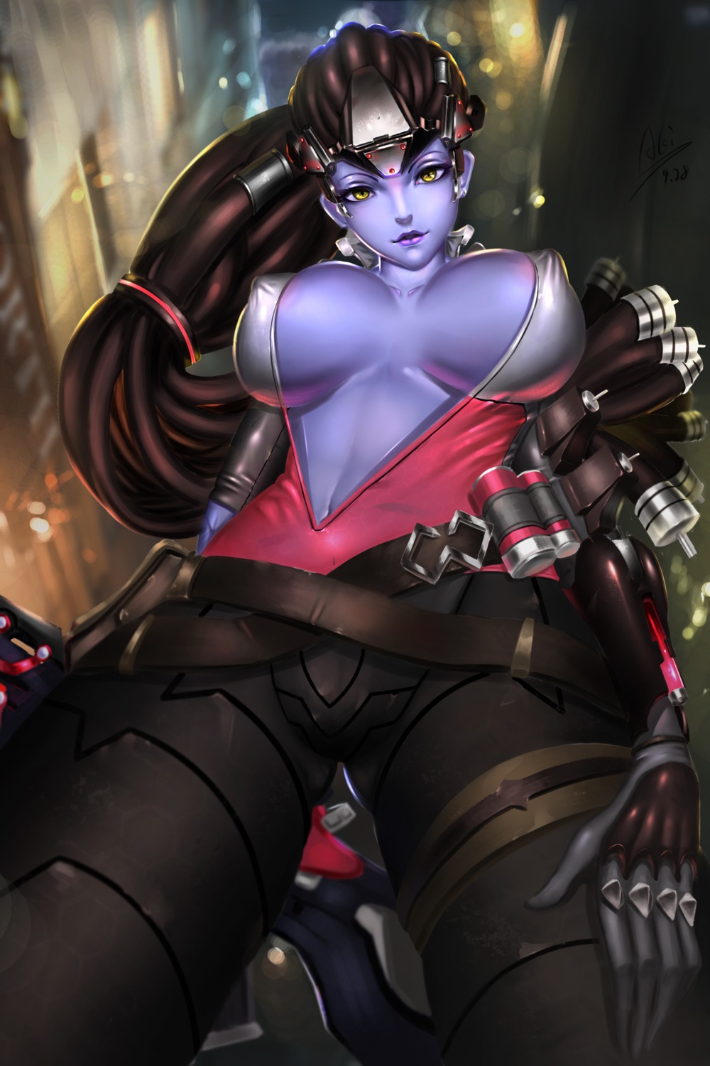 cleavage erect_nipples gun no_bra open_shirt overwatch widowmaker