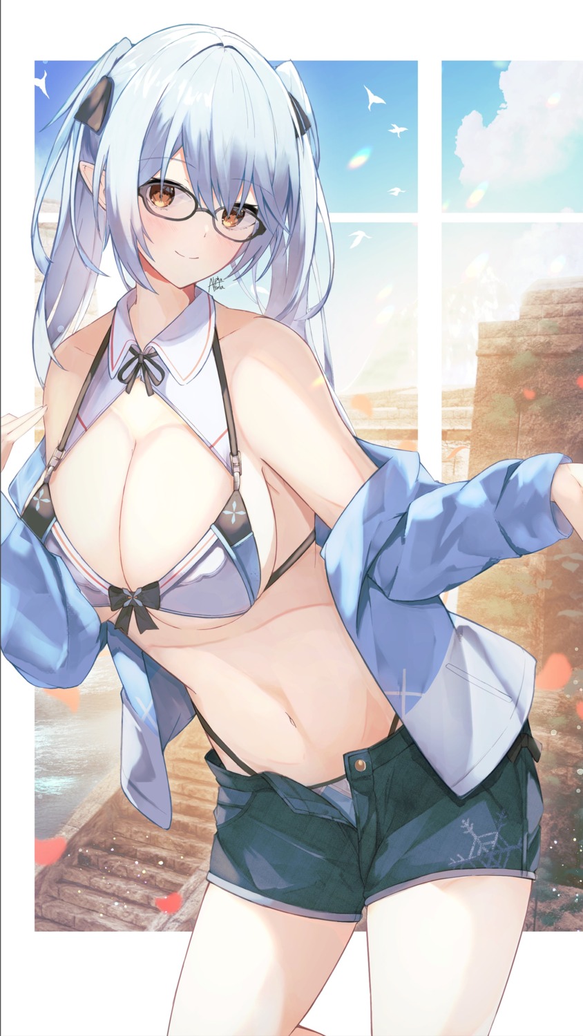 alpha_beta bikini megane open_shirt pointy_ears swimsuits