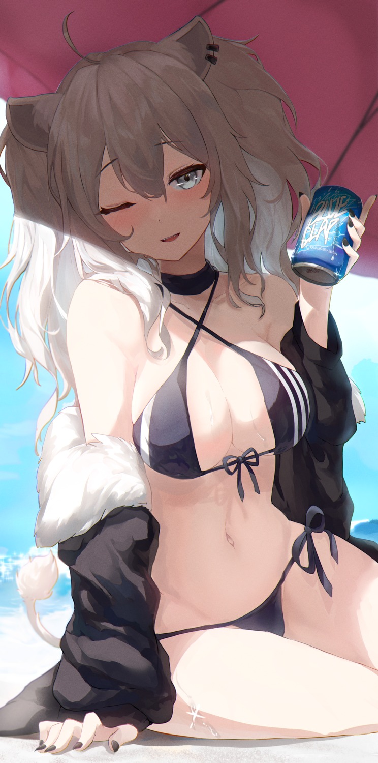 animal_ears bikini hololive kabedoru open_shirt shishiro_botan swimsuits