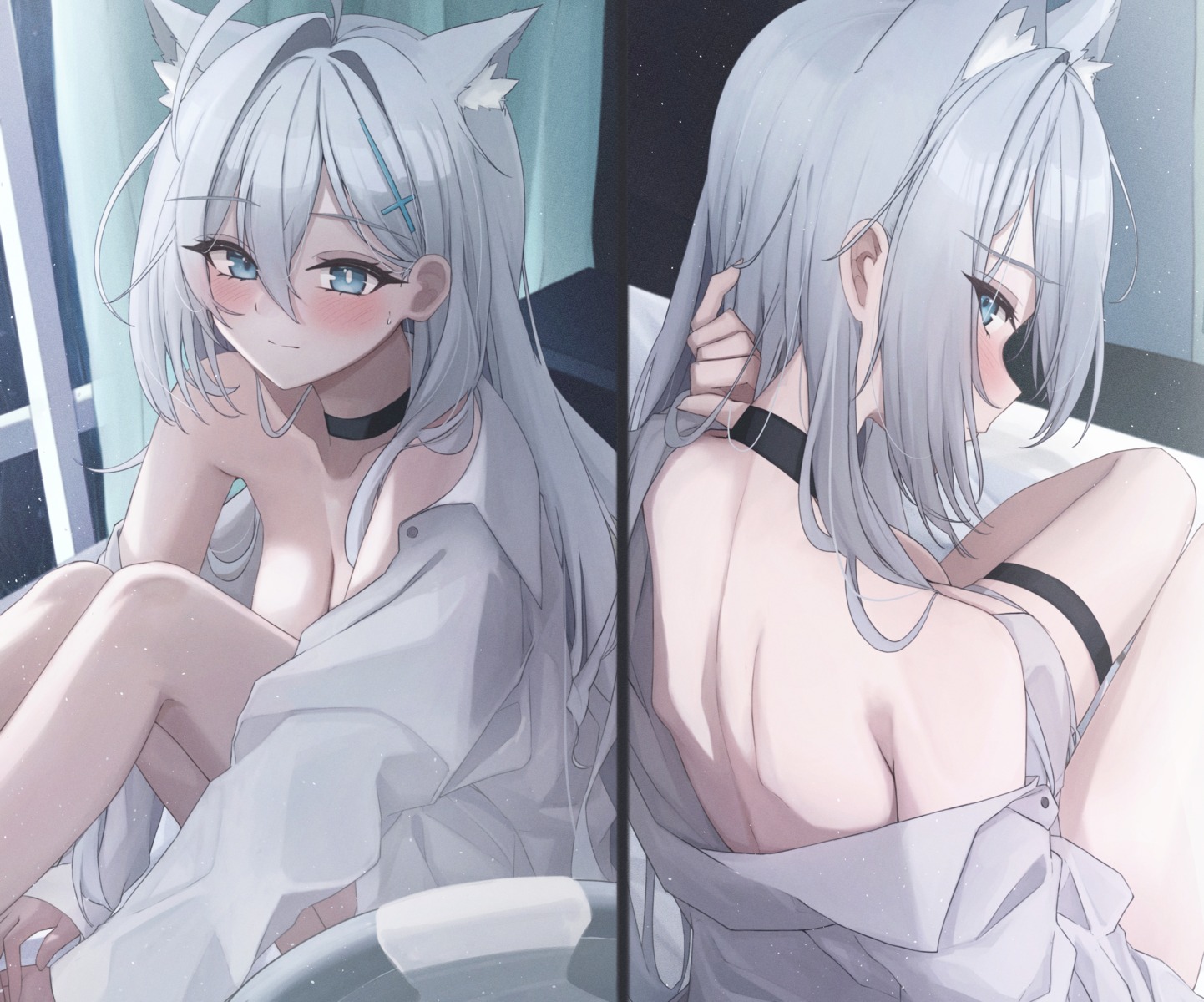 animal_ears blue_archive dress_shirt garter mofu07519 nekomimi no_bra open_shirt shiroko_terror sunaookami_shiroko