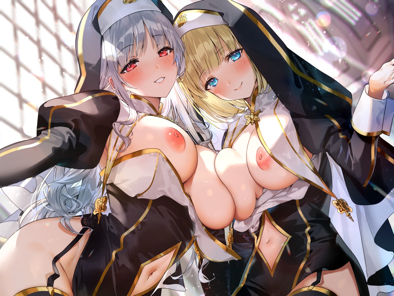 breasts mimoza nipples no_bra nopan nun stockings symmetrical_docking thighhighs