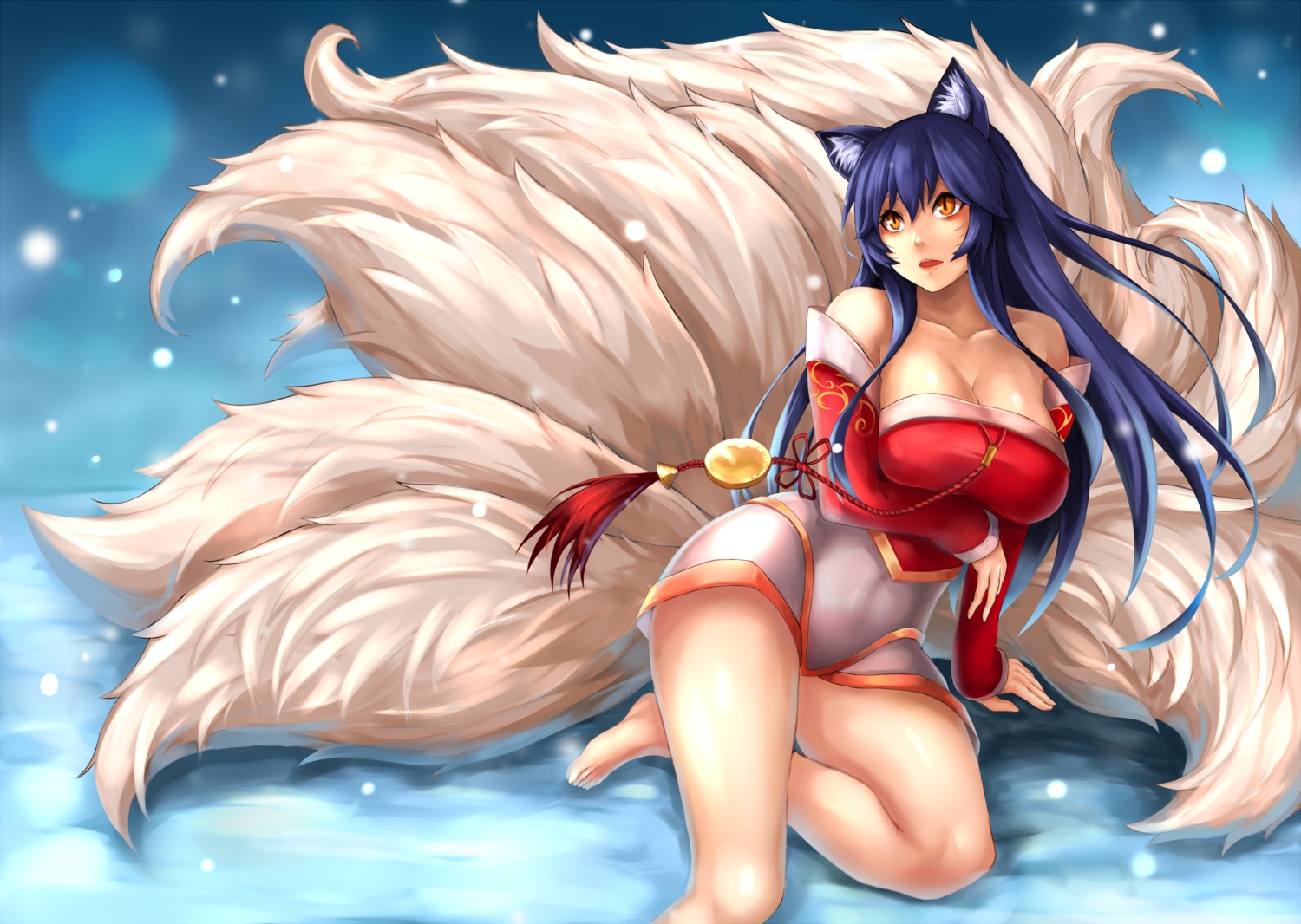 ahri animal_ears cleavage feet kitsune league_of_legends tail yashichii