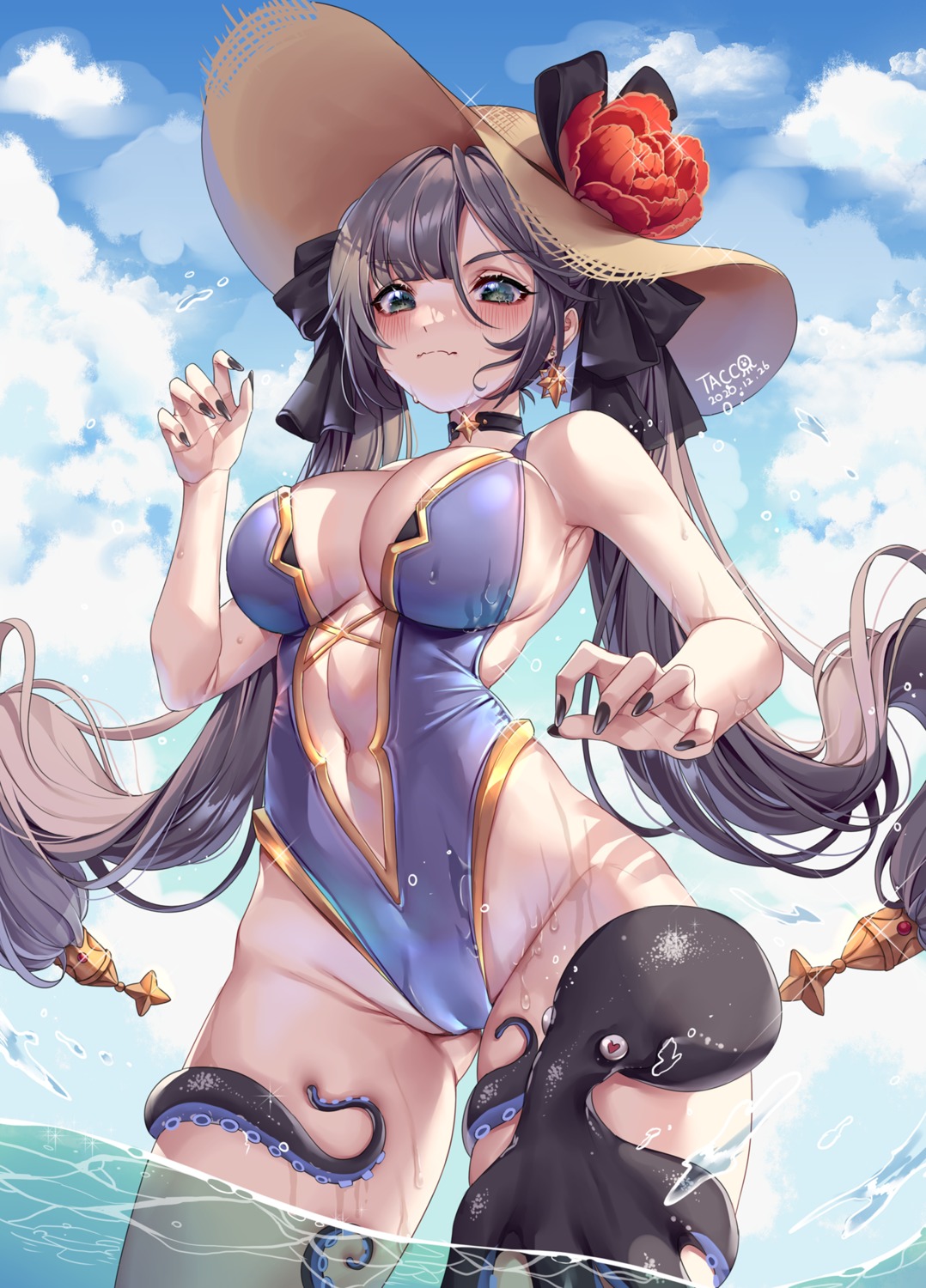 cameltoe genshin_impact mona_megistus swimsuits tacco_(tikeworld) tentacles wet