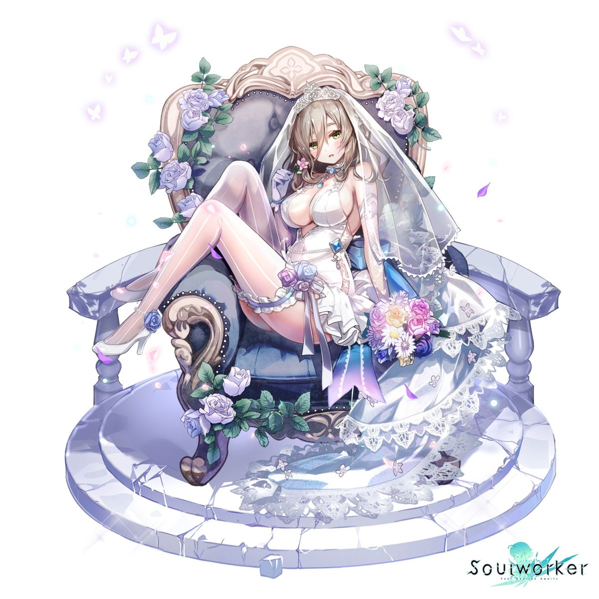 dress heels no_bra skirt_lift soul_worker tagme thighhighs wedding_dress