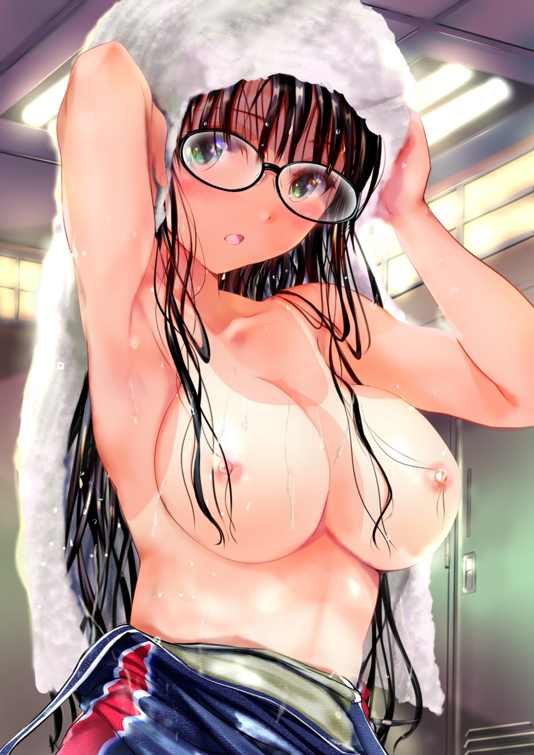 cleavage megane nipples ogata_tei school_swimsuit swimsuits topless towel undressing wet