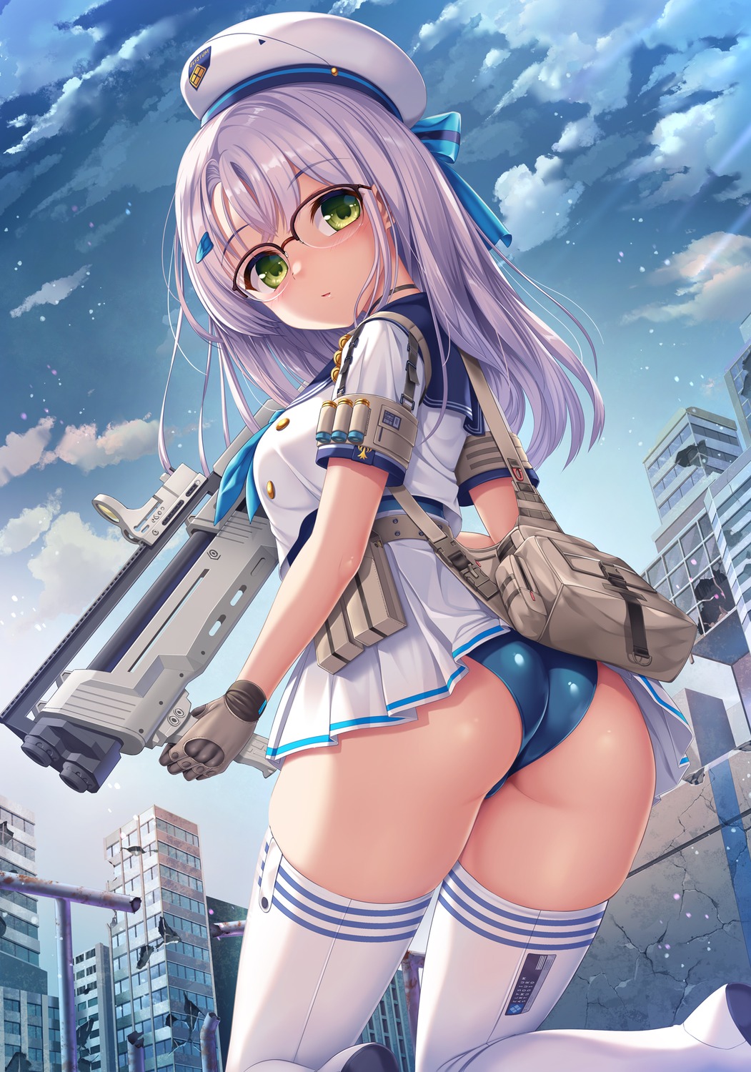 ass goddess_of_victory:_nikke gun megane neon_(nikke) pantsu seifuku thighhighs thong umitonakai