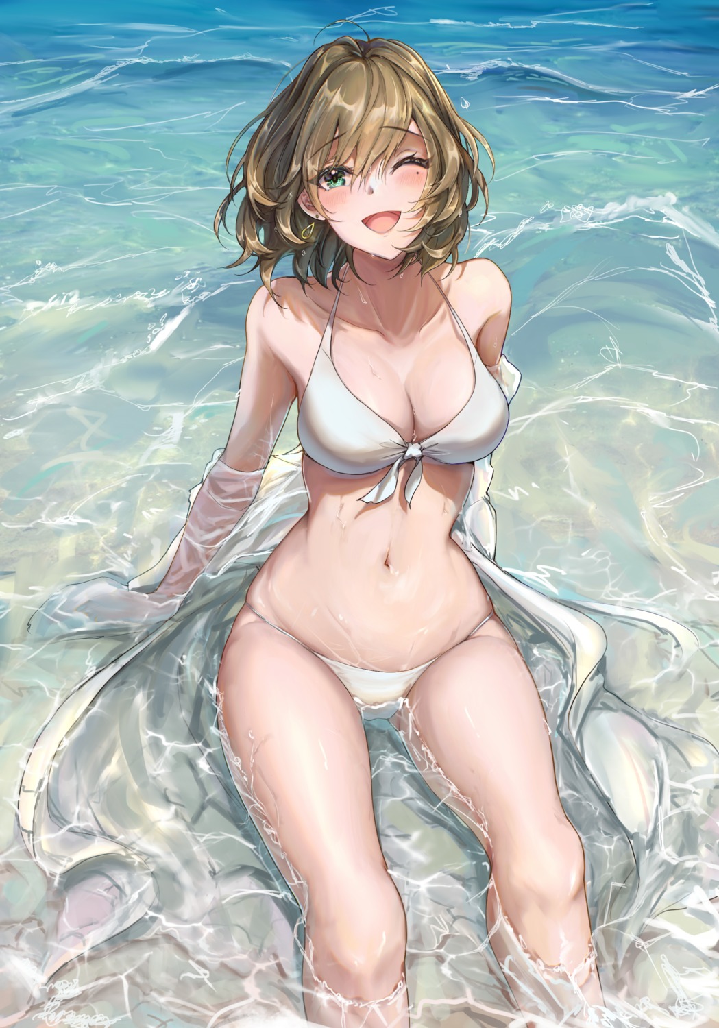 bikini nyome991 open_shirt see_through swimsuits takagaki_kaede the_idolm@ster the_idolm@ster_cinderella_girls wet wet_clothes