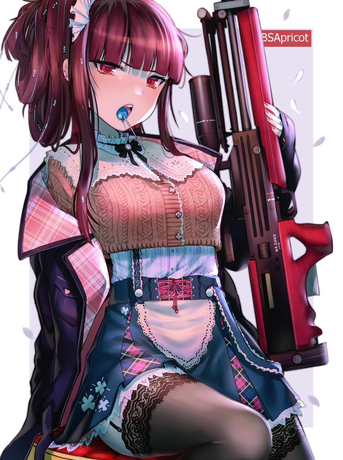 bsapricot girls_frontline gun skirt_lift stockings sweater thighhighs wa2000_(girls_frontline)