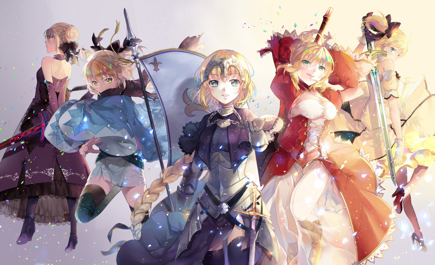 cleavage dress ekita_xuan fate/extra fate/grand_order fate/stay_night heels jeanne_d'arc jeanne_d'arc_(fate) okita_souji_(fate) saber saber_alter saber_extra saber_lily see_through sword thighhighs weapon