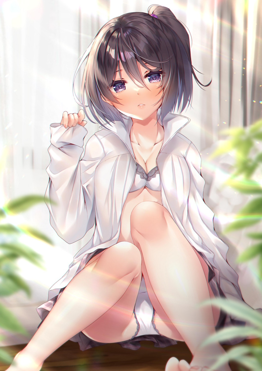 bra cleavage dress_shirt ko_yu open_shirt pantsu skirt_lift