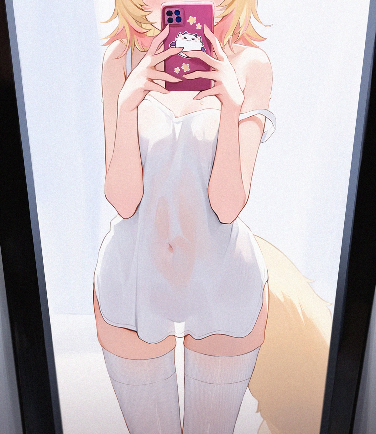 hololive hololive_english koahri lingerie mococo_abyssgard nopan see_through selfie tail thighhighs