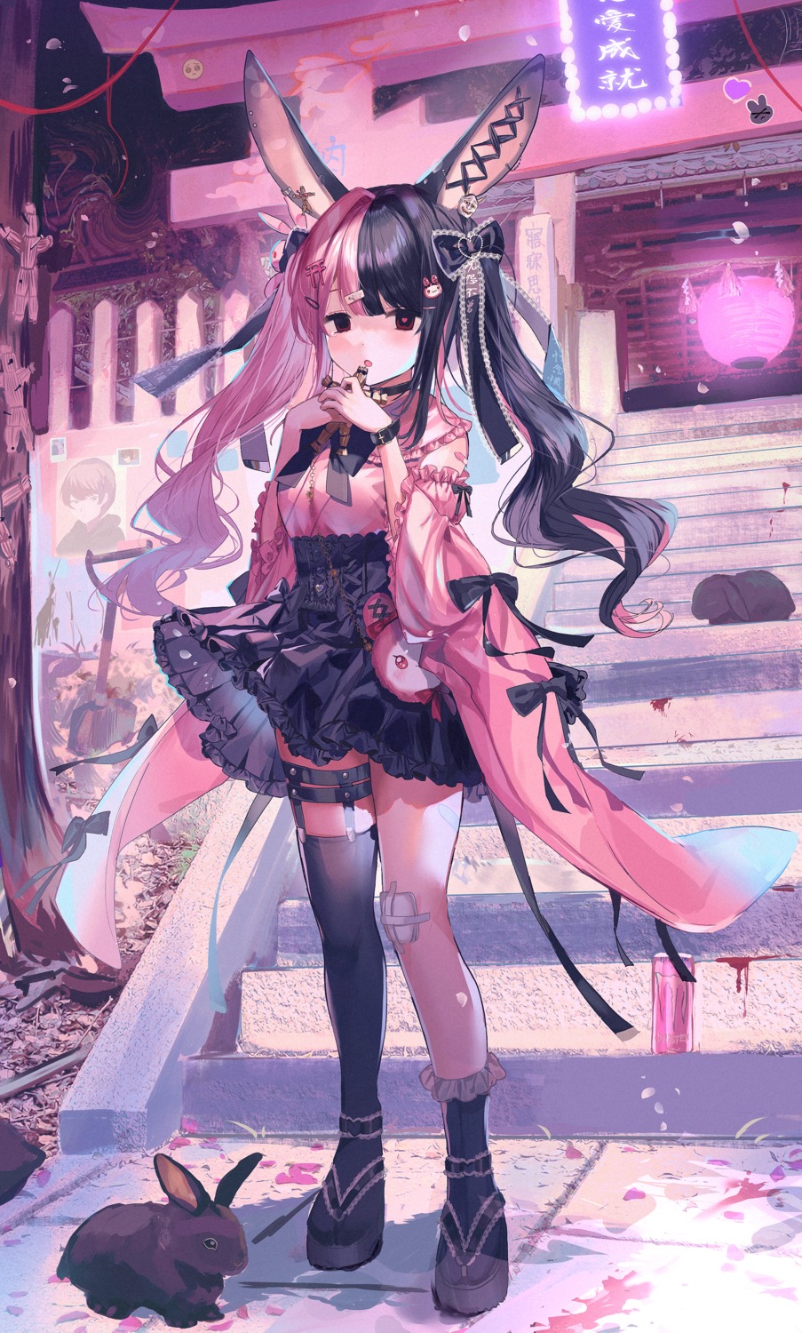 animal_ears bandaid blood bunny_ears garter stockings thighhighs youka