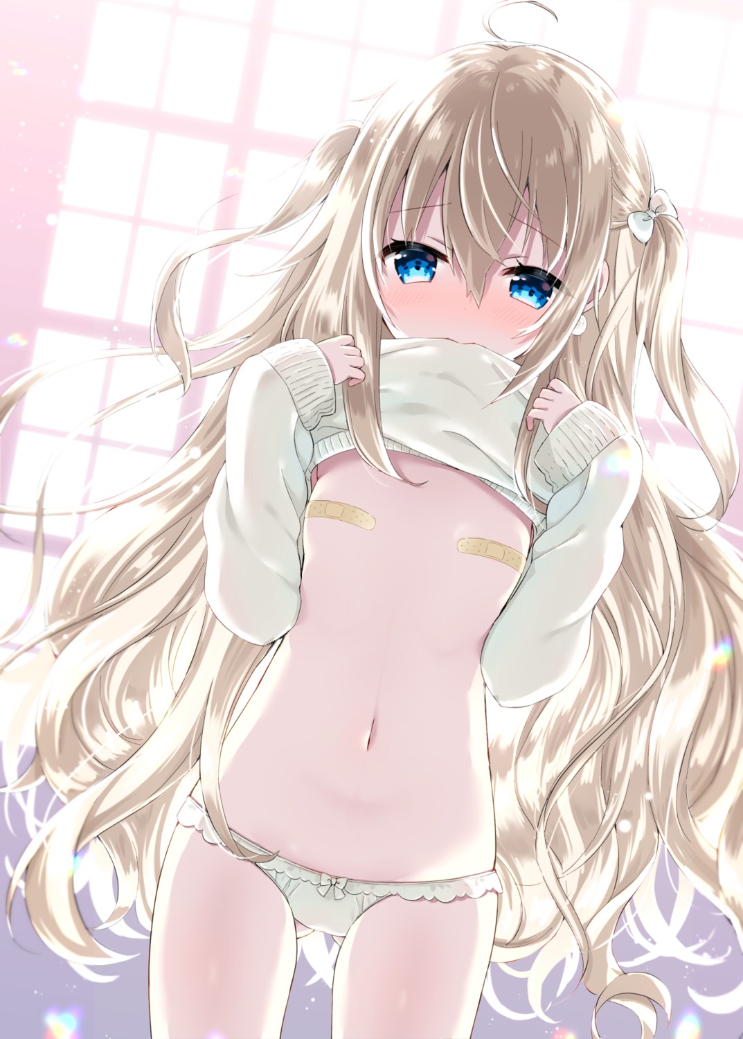 bandaid loli no_bra pantsu pasties shirt_lift sweater uchuuneko