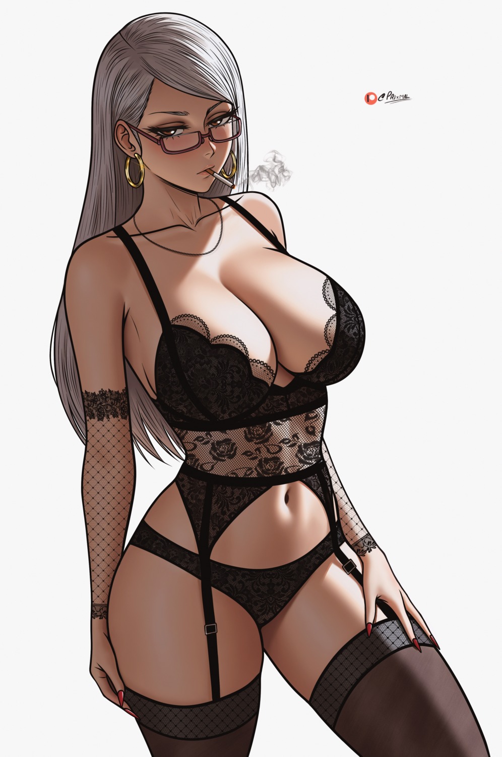 ayase_seiko dandadan fishnets lingerie megane pantsu prixmal smoking stockings thighhighs