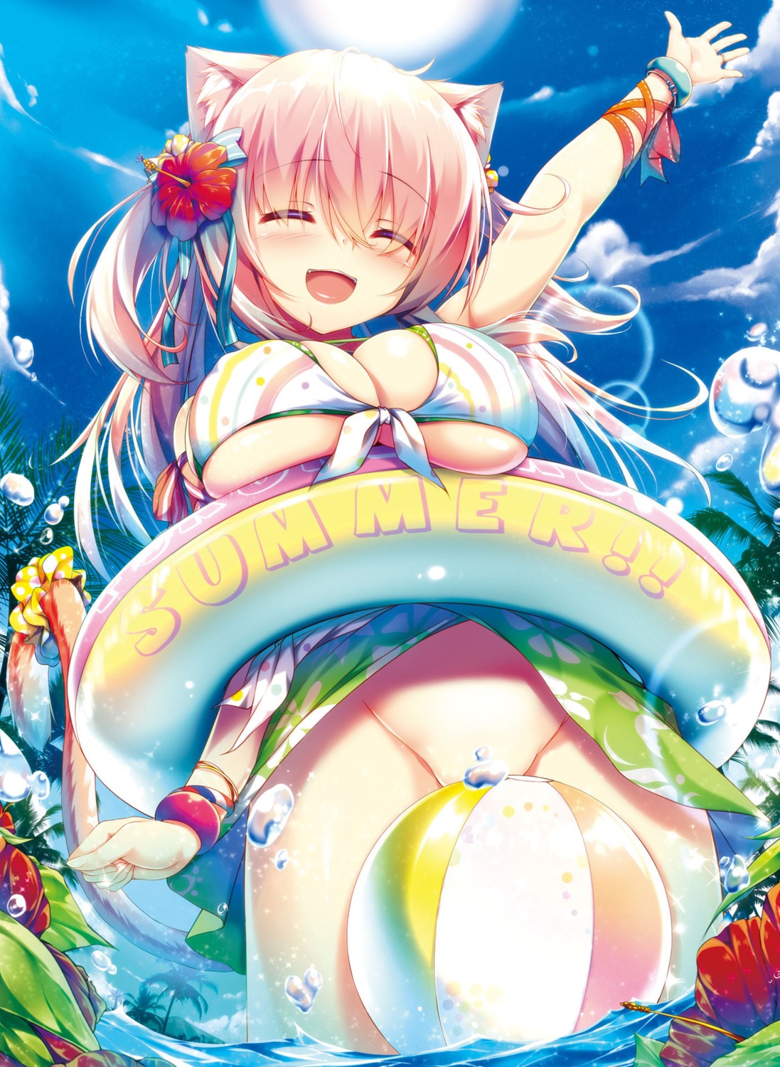 animal_ears bikini_top digital_version erect_nipples jpeg_artifacts nekomimi nopan skirt_lift swimsuits syroh tail wet