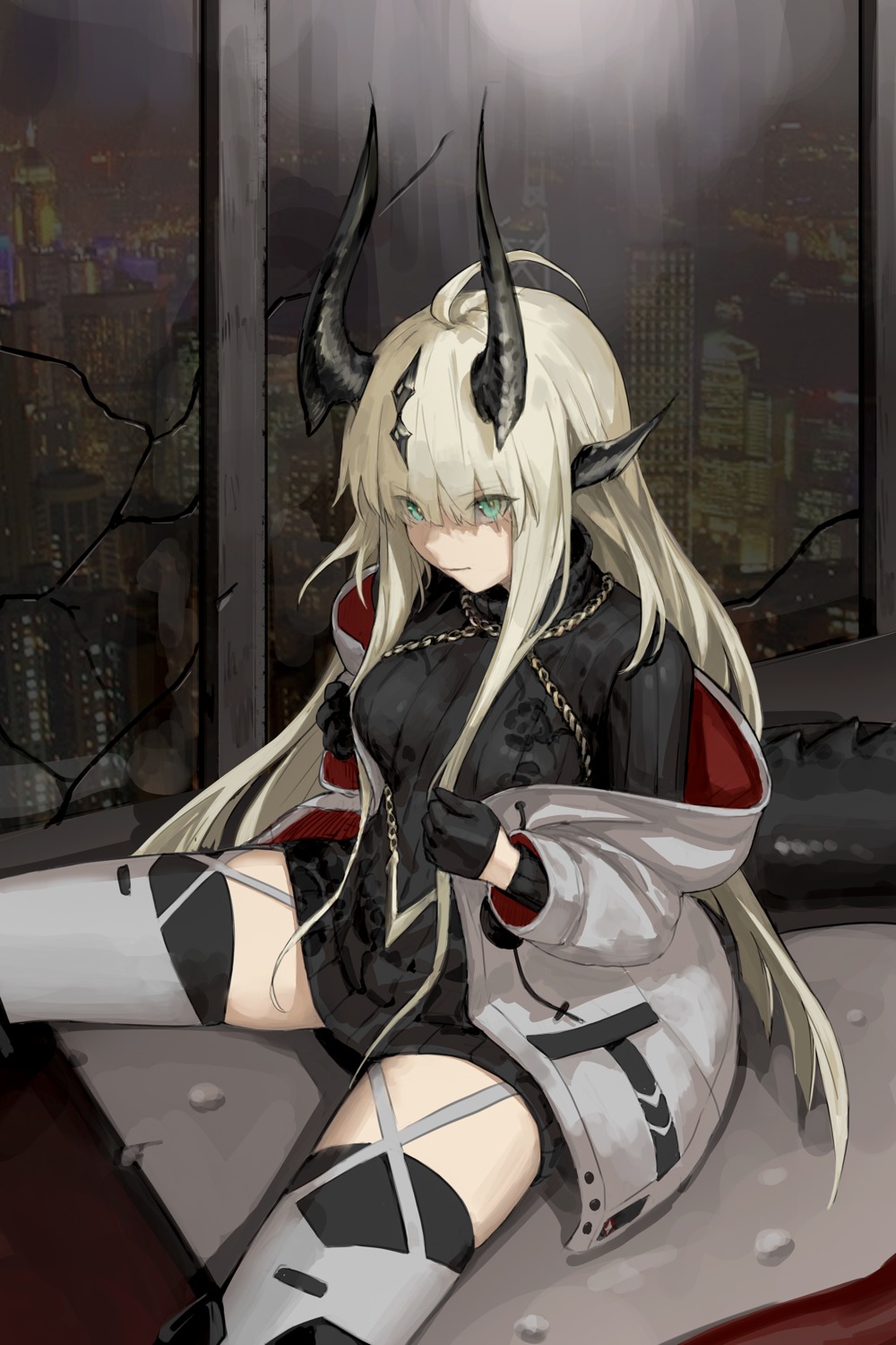 arknights dress egk513 horns reed_(arknights) stockings sweater tail thighhighs