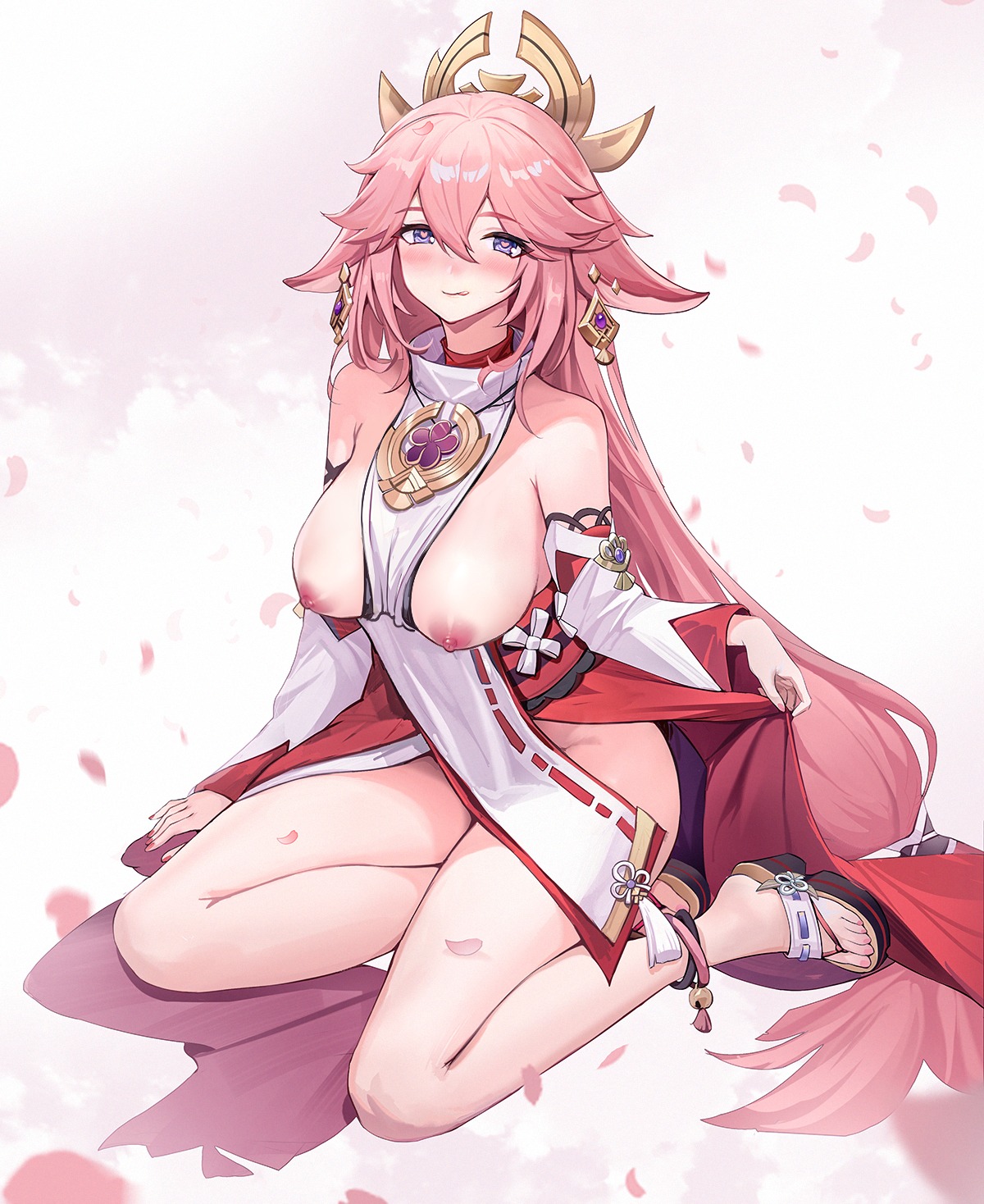 animal_ears breasts chabenmus genshin_impact heels japanese_clothes kitsune nipples no_bra nopan skirt_lift yae_miko