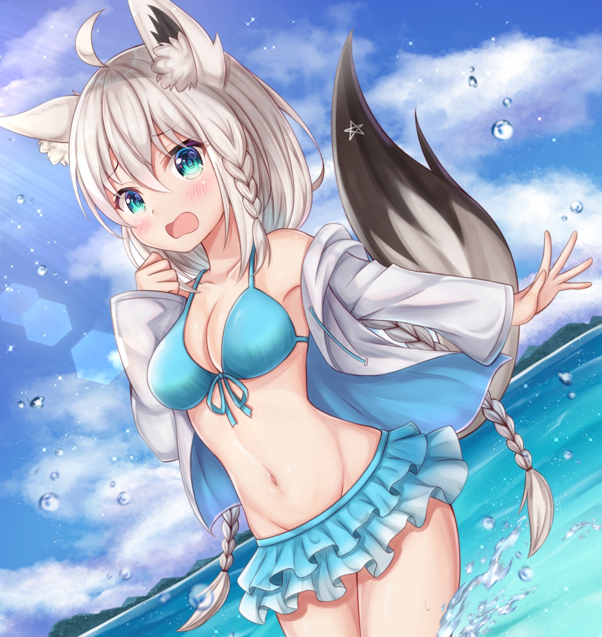 animal_ears bikini cleavage hololive hololive_gamers kitsune open_shirt shirakami_fubuki swimsuits tagme tail