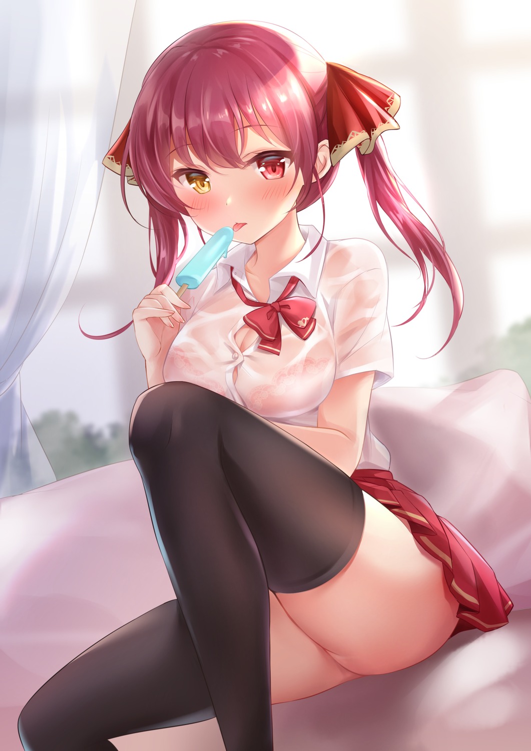 bra breast_hold heterochromia hololive houshou_marine nikoo nopan see_through seifuku skirt_lift thighhighs wet_clothes