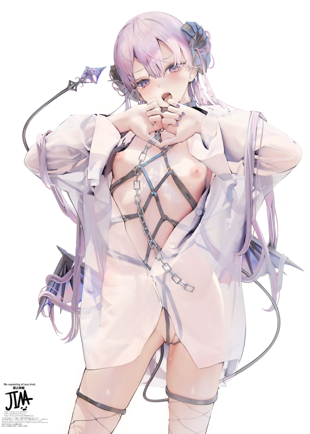 breasts dress_shirt fishnets horns iijima_masashi nipples no_bra nopan open_shirt pussy pussy_juice see_through tail thighhighs uncensored wings