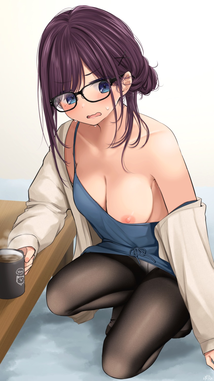 breasts dress maid-chan_(ramchi) megane nipples no_bra pantsu pantyhose ramchi skirt_lift wardrobe_malfunction