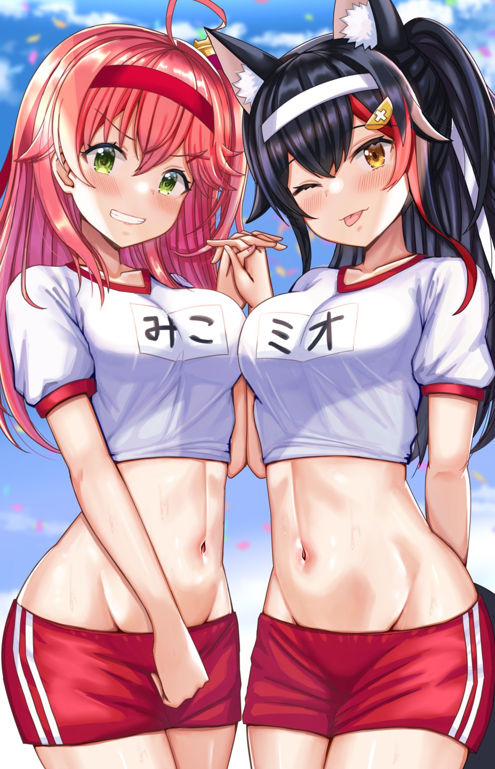 animal_ears gym_uniform hololive hololive_gamers nootomo ookami_mio sakura_miko shirt_lift tail wet