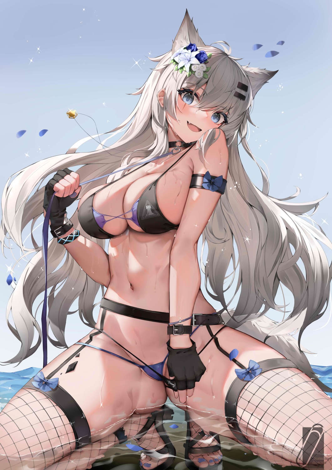 animal_ears arknights bikini fishnets garter_belt heels jpeg_artifacts lappland_(arknights) panty_pull qinshishizhang stockings swimsuits tail thighhighs thong undressing wet