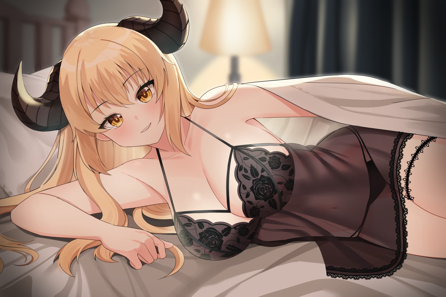 garter horns lingerie neko_lu_(wofud453) pantsu see_through sheets