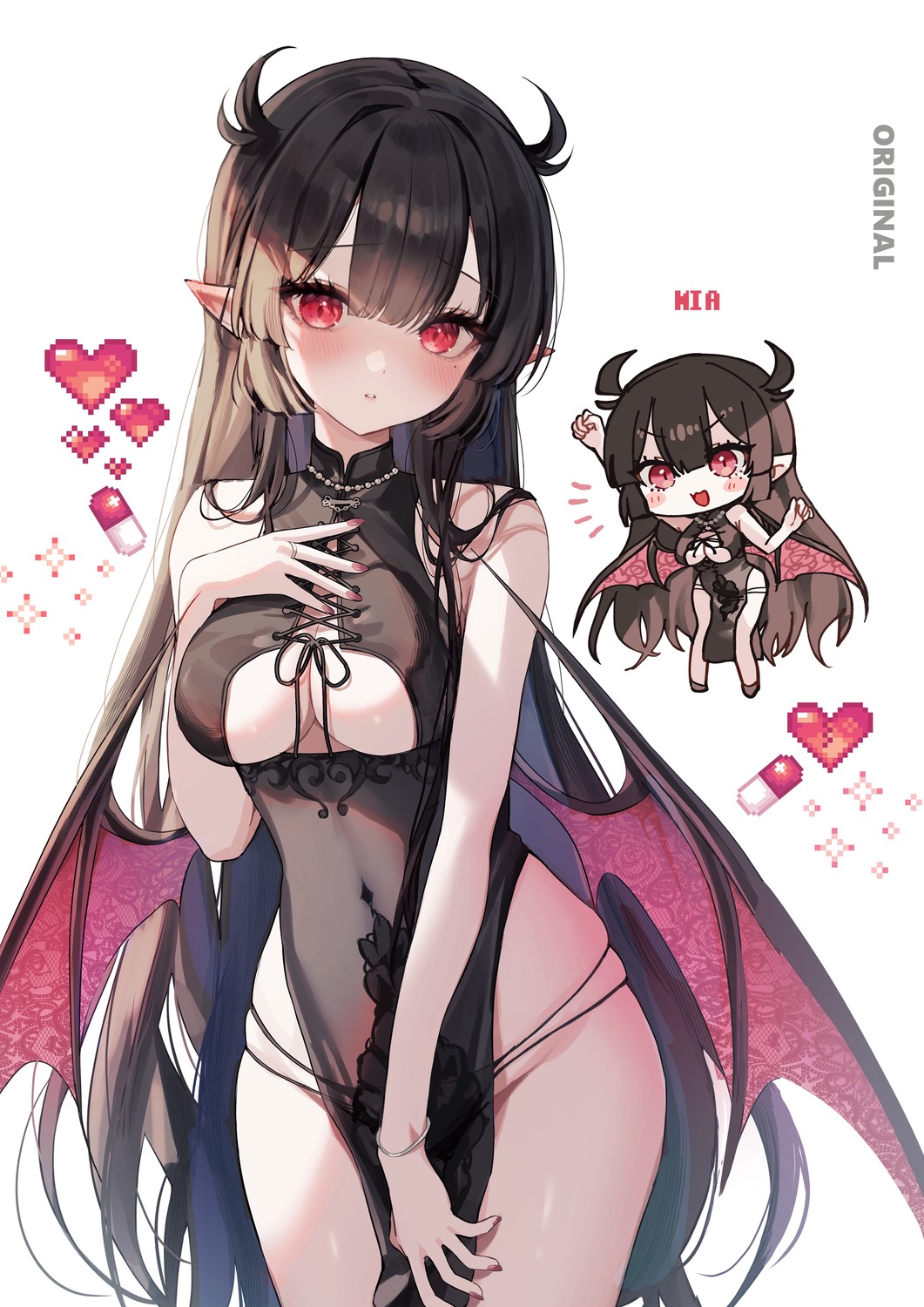 chibi chinadress devil kudou_eru no_bra open_shirt pantsu pointy_ears see_through string_panties wings