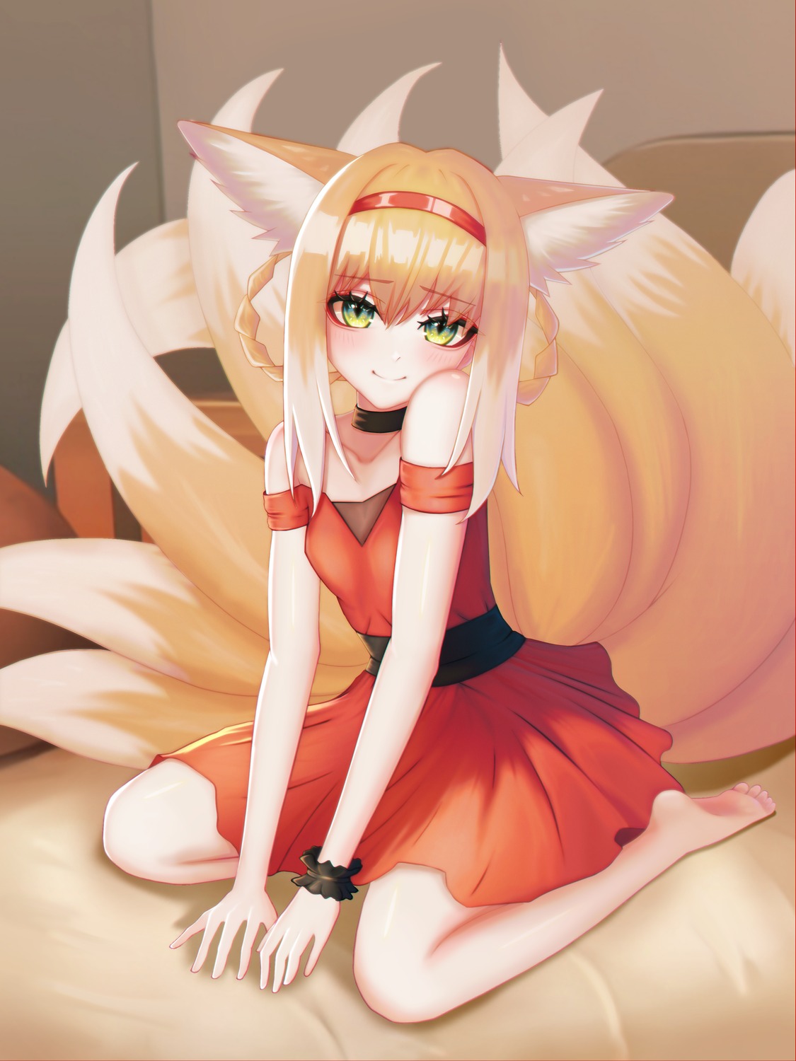 absurd_fox animal_ears arknights dress kitsune suzuran_(arknights) tail