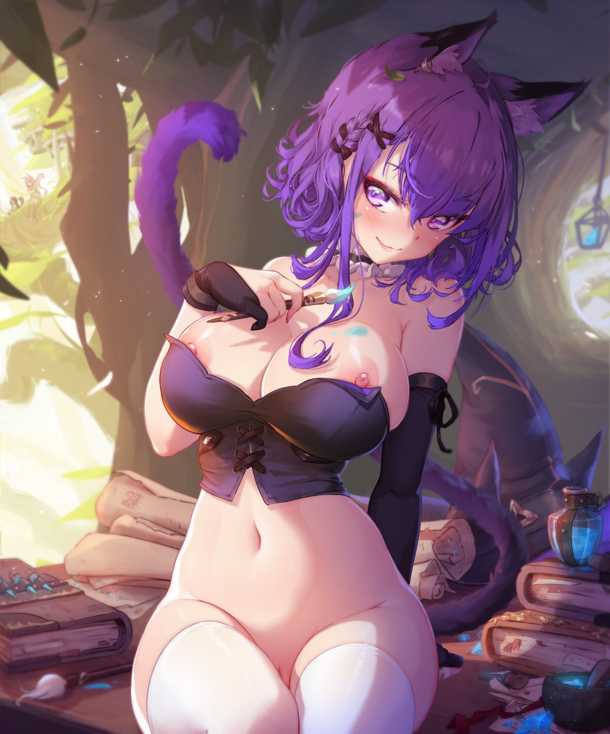 animal_ears bottomless mitsu_(mitsu_art) nekomimi nipples no_bra pussy tail thighhighs uncensored