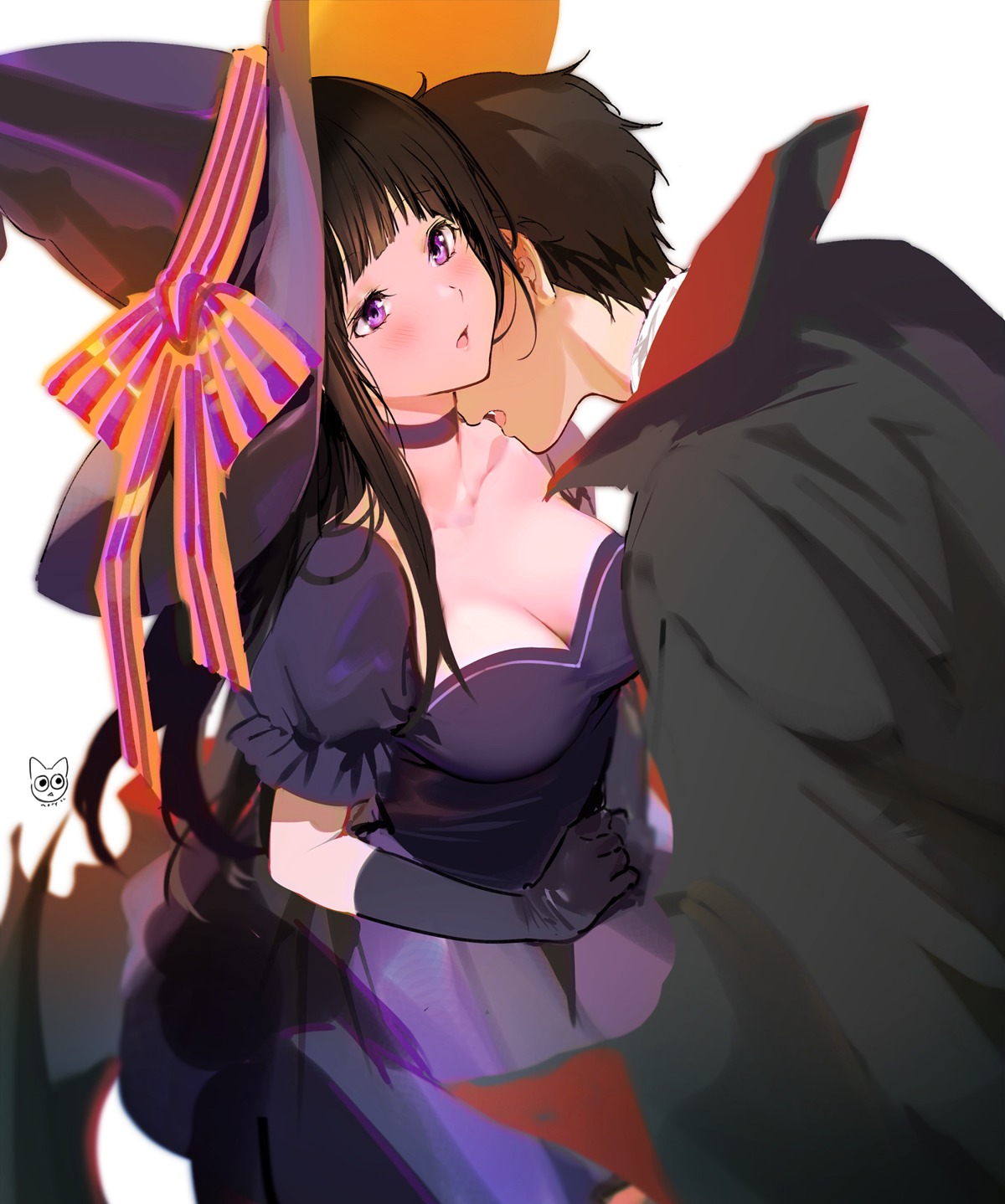 chitanda_eru cleavage halloween hyouka mery_(yangmalgage) no_bra oreki_houtarou witch