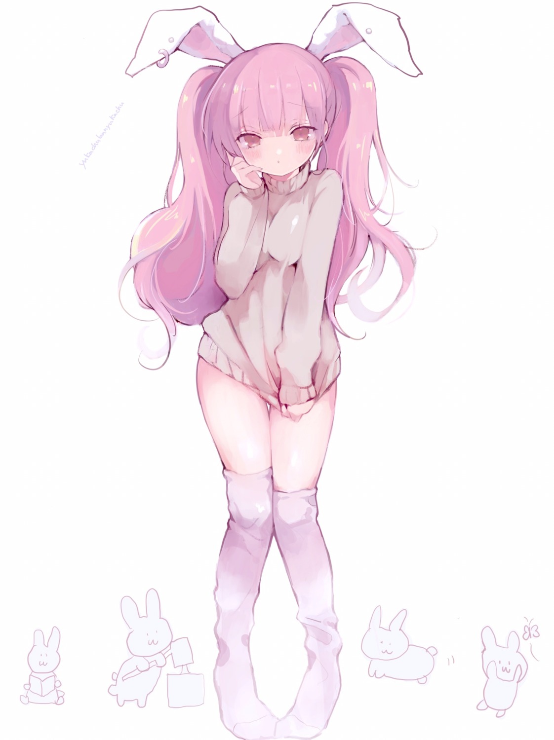 animal_ears breast_hold bunny_ears sweater thighhighs yukachubanyukachu