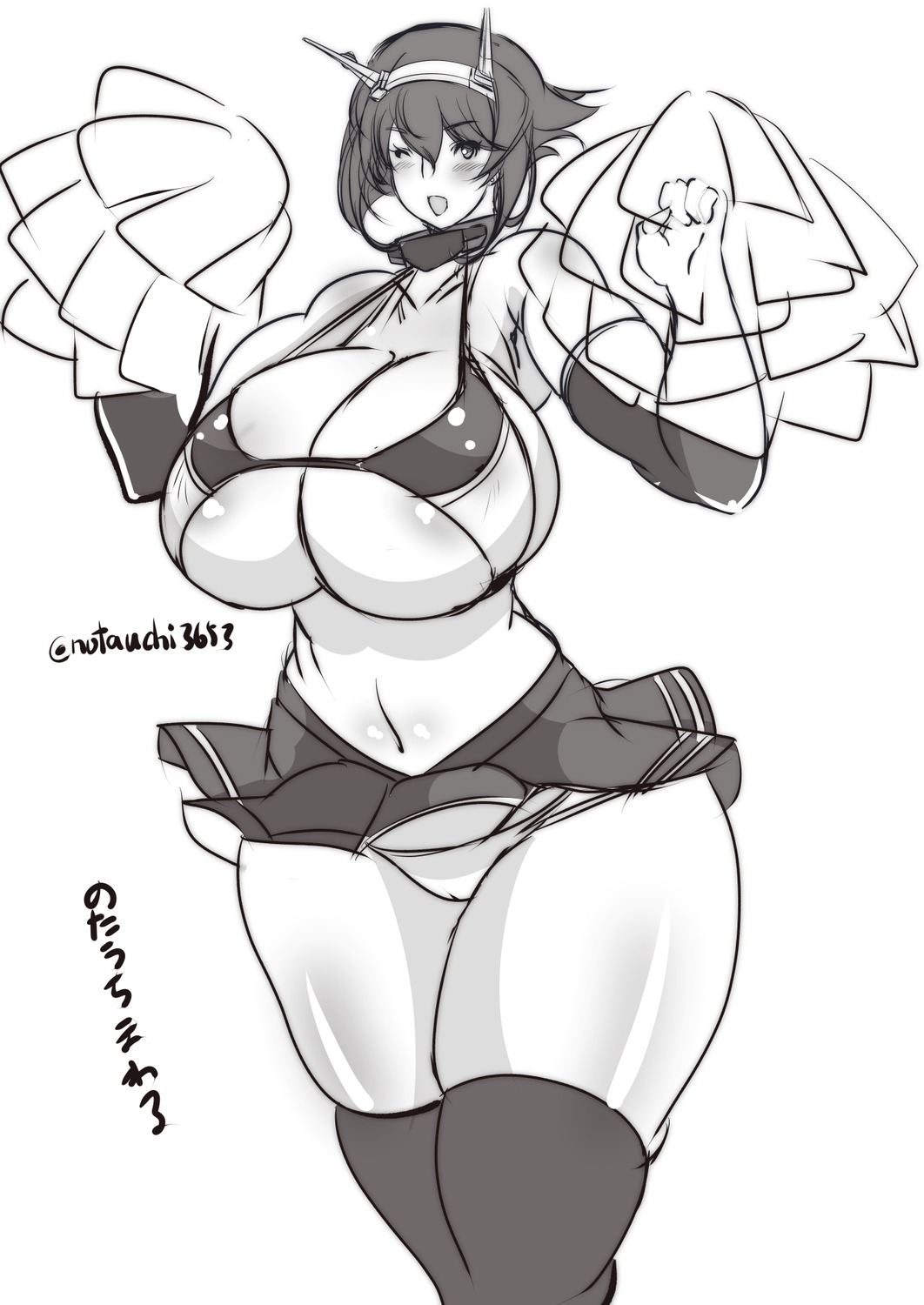 areola bra cameltoe cheerleader kantai_collection monochrome mutsu_(kancolle) notauchi_mawaru_ni-shiki pantsu sketch skirt_lift thighhighs