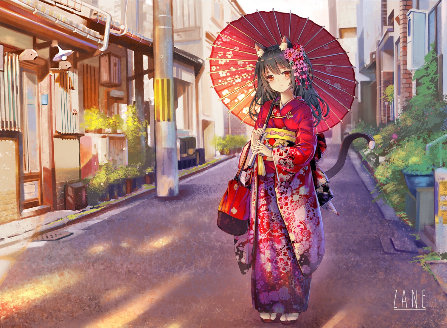 animal_ears kimono nekomimi sxbzero tail umbrella