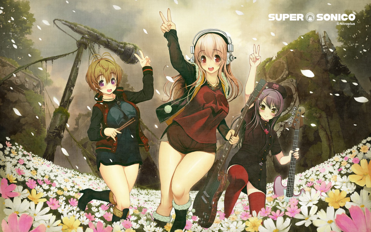 axanael fujimi_suzu guitar headphones heels jpeg_artifacts nitroplus sonico super_sonico thighhighs tsuji_santa wallpaper watanuki_fuuri