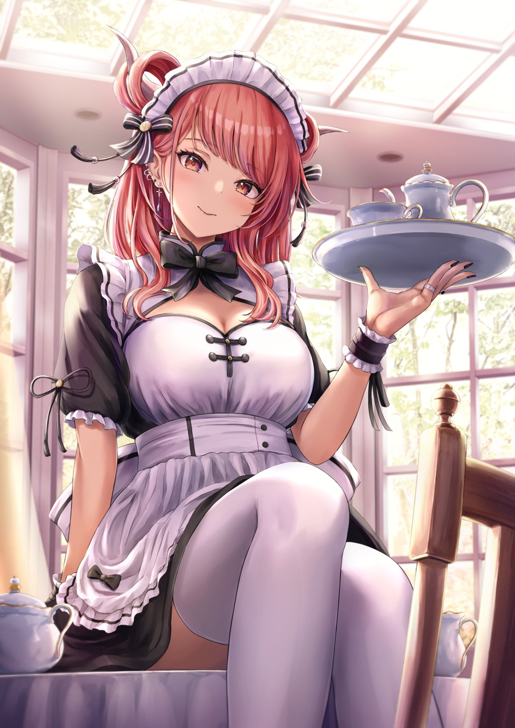 cleavage horns maid skirt_lift thighhighs tokeshi