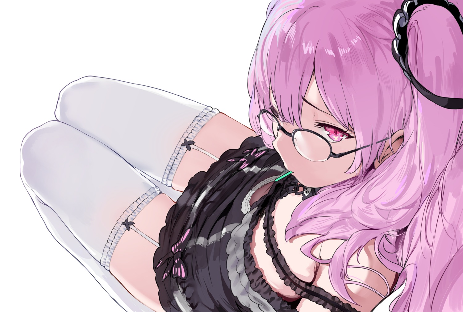 gothic_lolita hews hololive lolita_fashion megane skirt_lift stockings thighhighs uruha_rushia