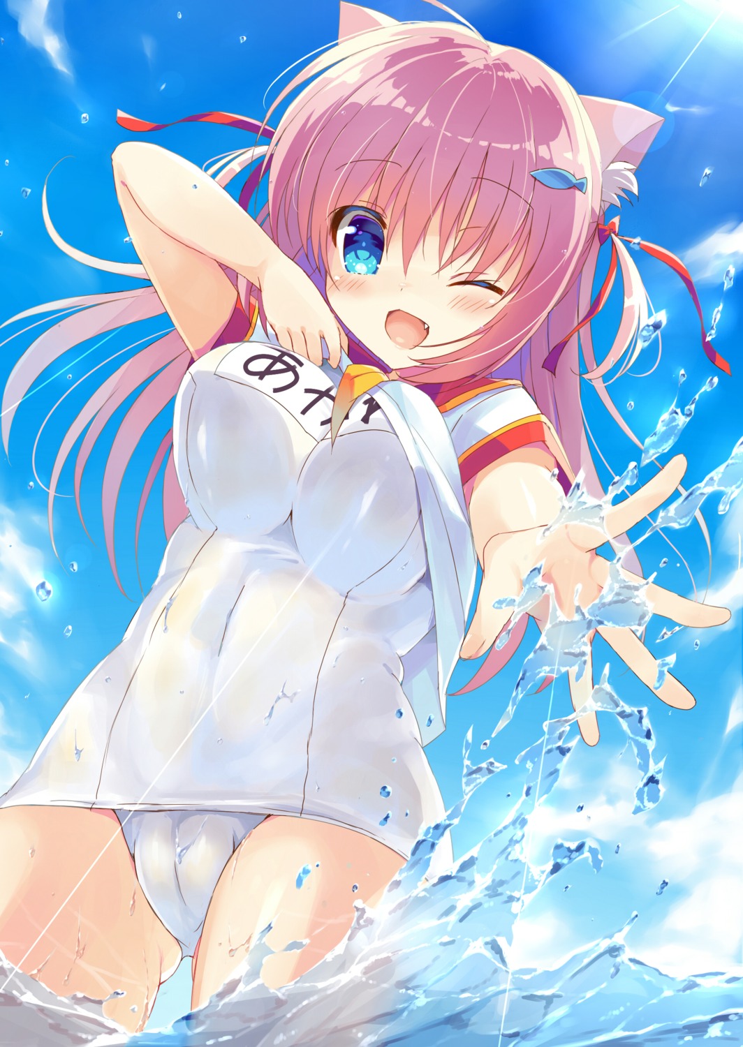 animal_ears cameltoe natsuki_marina nekomimi school_swimsuit seifuku shirt_lift swimsuits wet