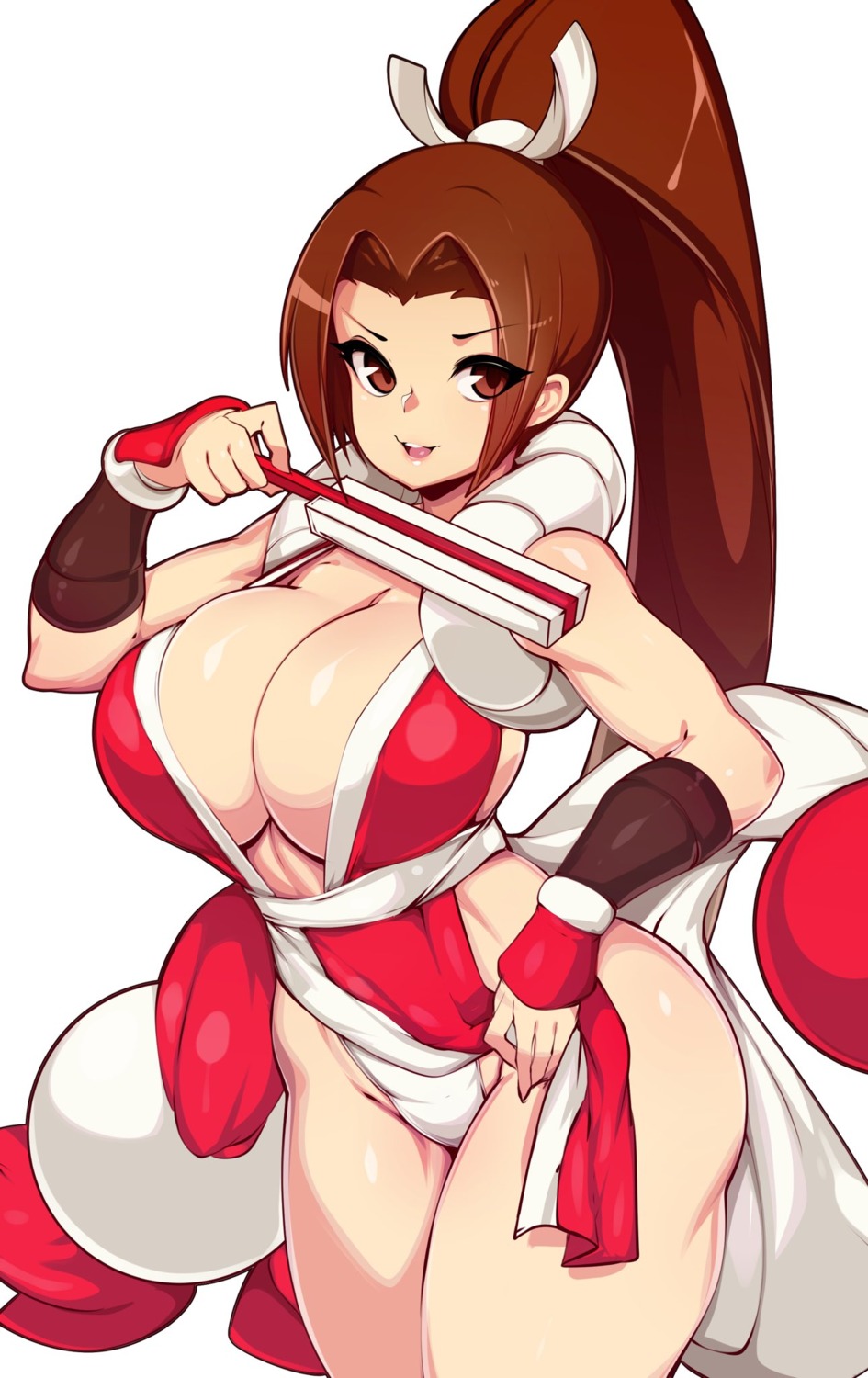 cleavage japanese_clothes king_of_fighters no_bra open_shirt pantsu shiranui_mai skirt_lift slugbox