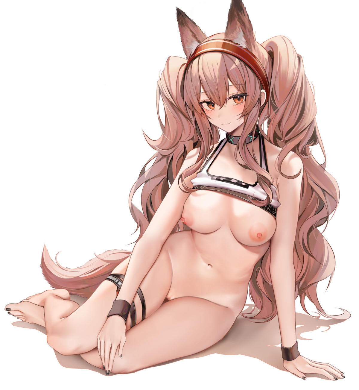 angelina_(arknights) animal_ears arknights bottomless bra breasts garter nipples pussy ru_zhai tail uncensored