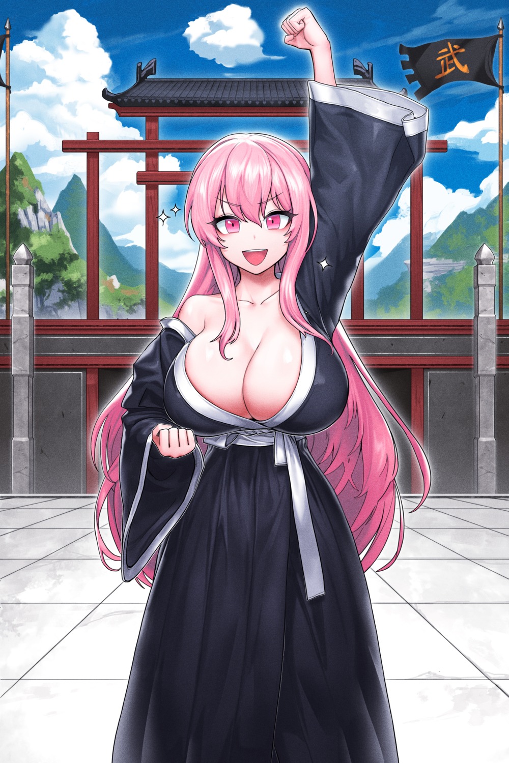 cain_(gunnermul) japanese_clothes no_bra open_shirt