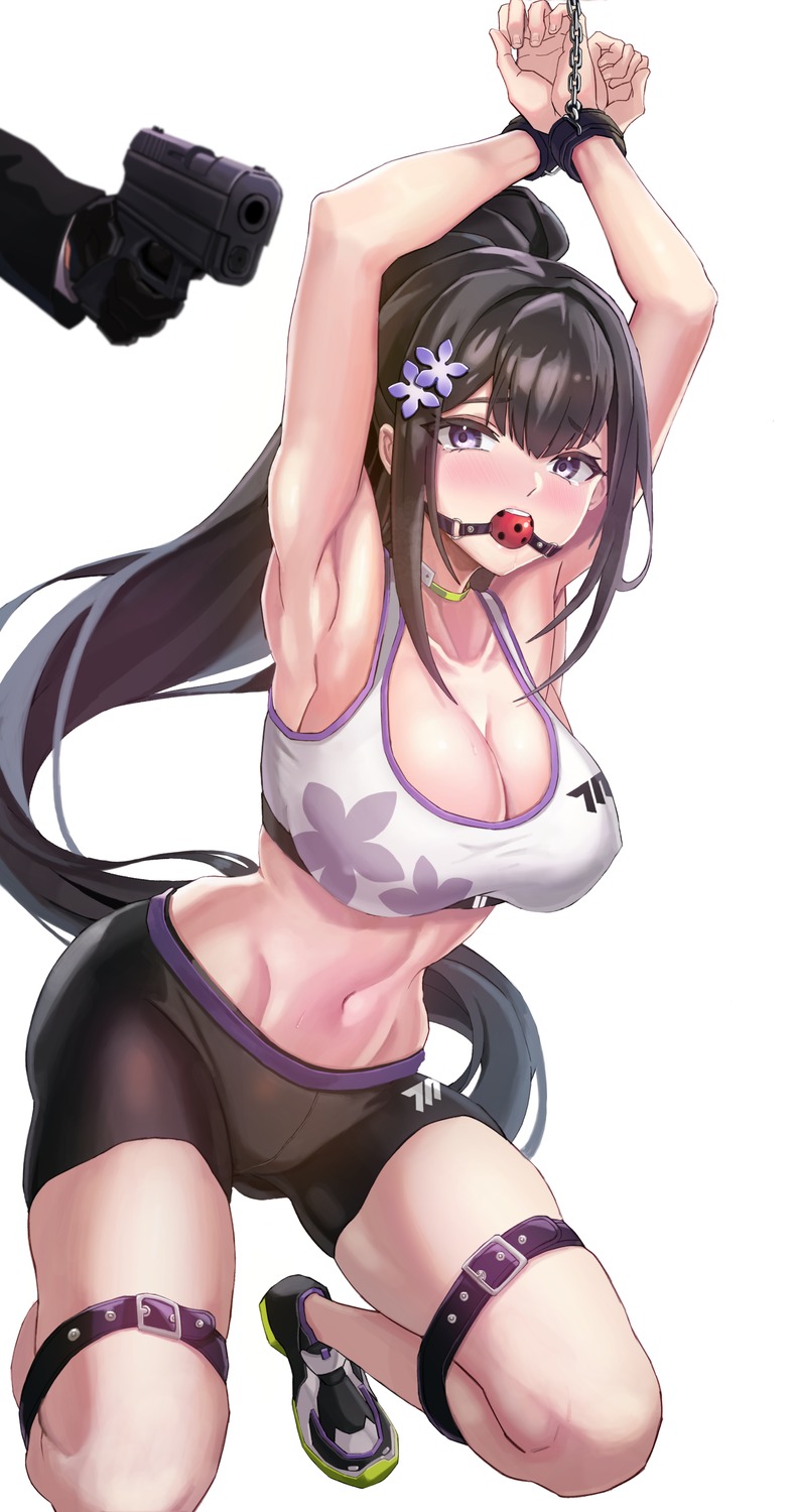 bike_shorts blue_archive bondage cleavage gagameiyo garter gun gym_uniform otohana_sumire