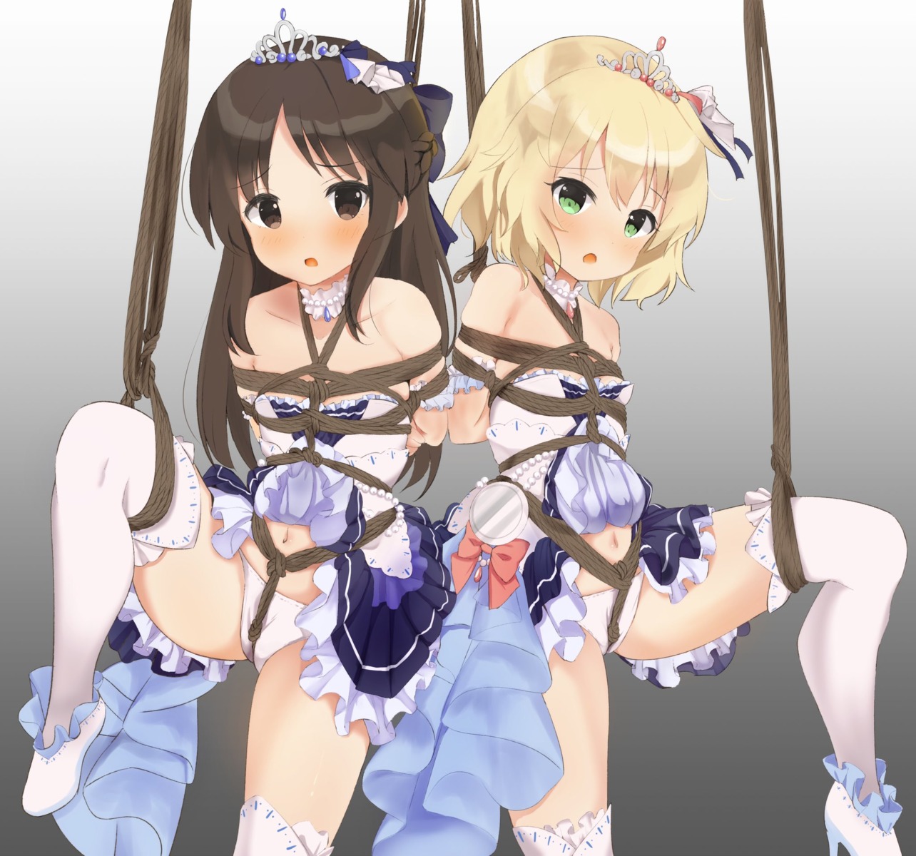 bondage cameltoe hamuta_(machosbrown) loli no_bra pantsu sakurai_momoka_(idolm@ster) skirt_lift tachibana_arisu the_idolm@ster the_idolm@ster_cinderella_girls the_idolm@ster_cinderella_girls_u149 thighhighs