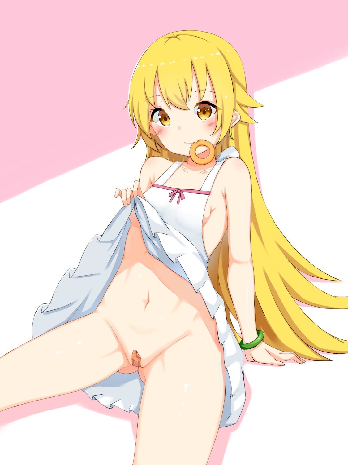 bakemonogatari bandaid dress loli maebari monogatari_(series) no_bra nopan oshino_shinobu pointy_ears skirt_lift summer_dress xue_lu